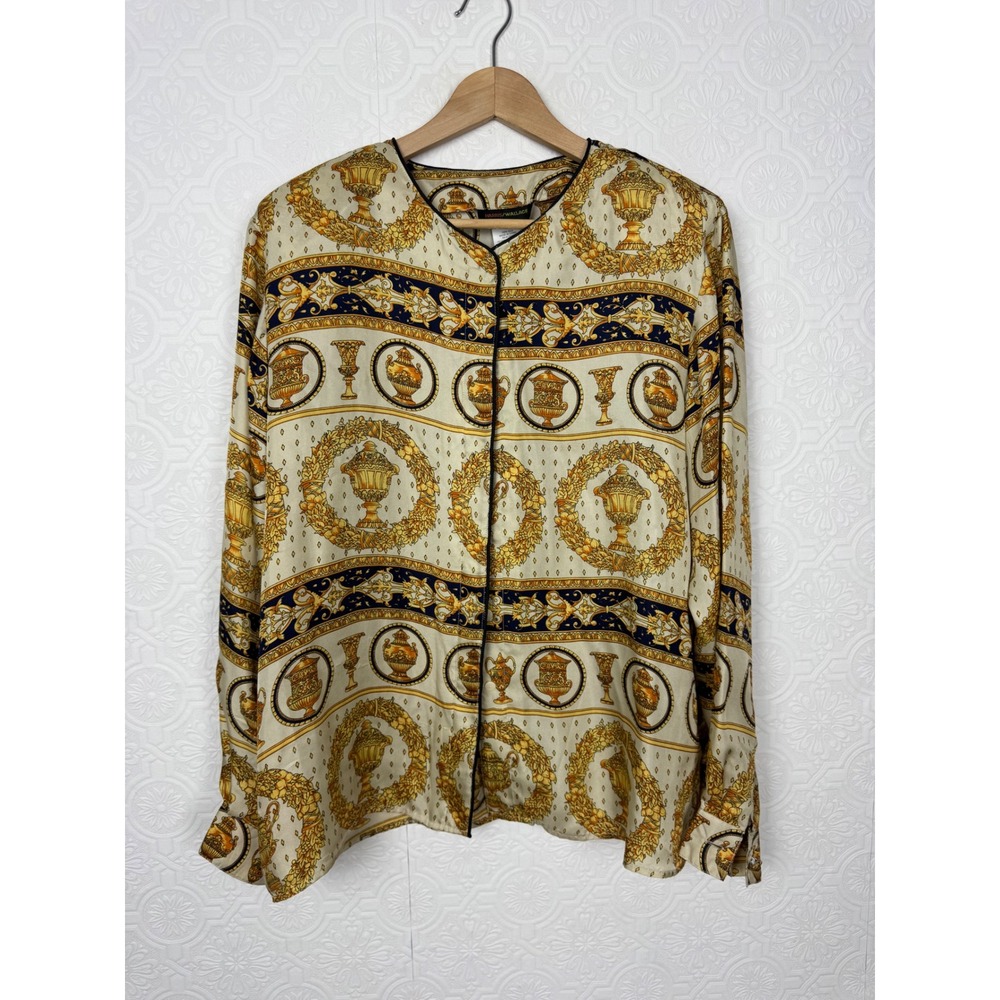 Vintage 100% Silk Harris Wallace Baroque Urn Print Blouse Gold Navy XL Versace